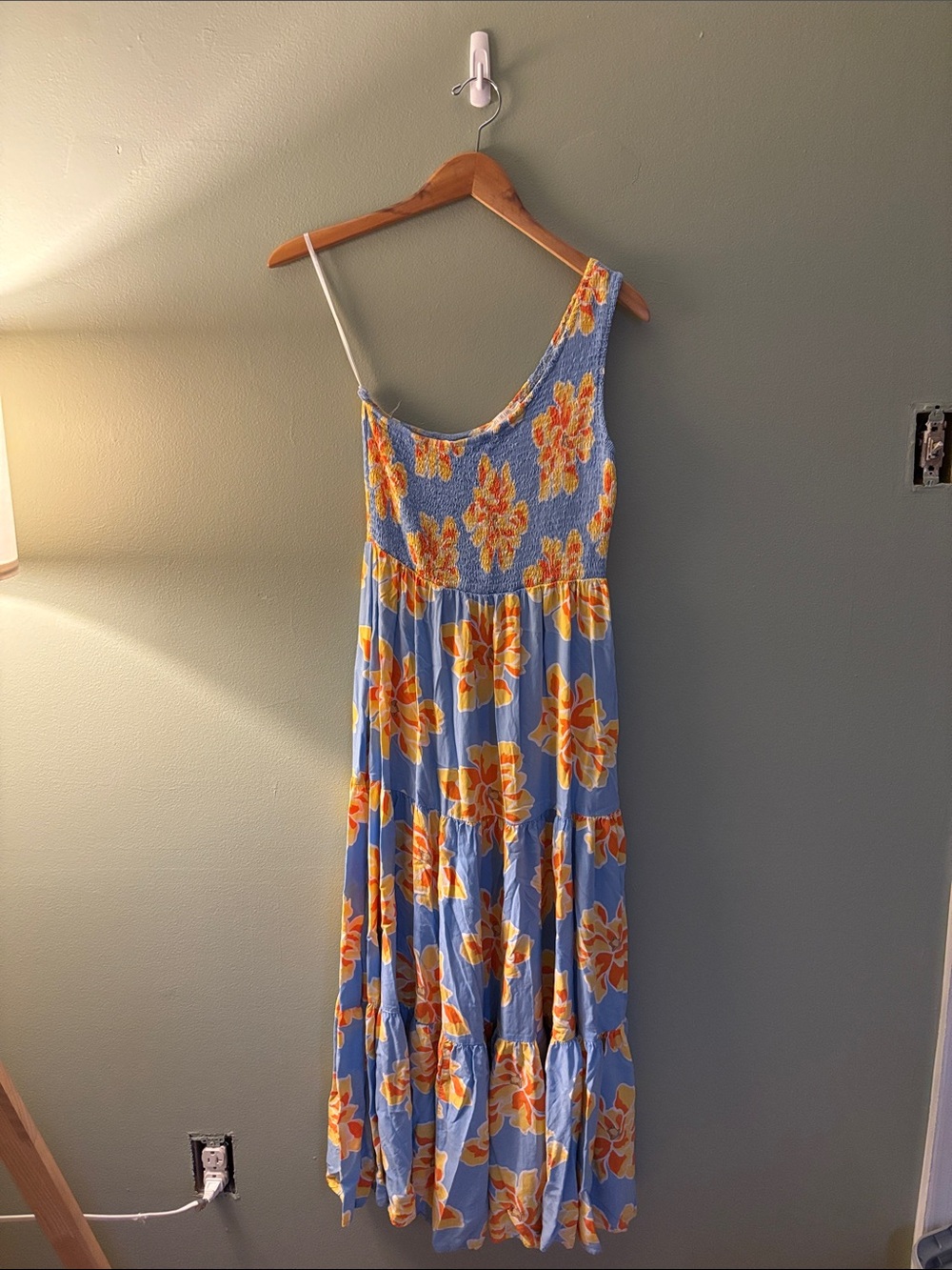 Blue One-Shoulder Floral Maxi Dress with Yellow-Orange Blooms